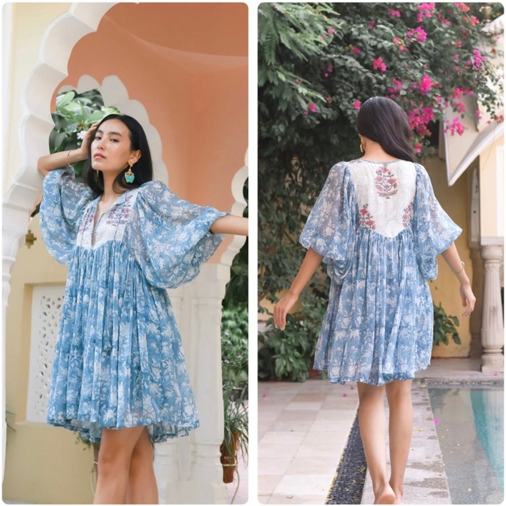 Daughters of India Jaya Mini Dress Juniper Blue Floral Size Medium NWT